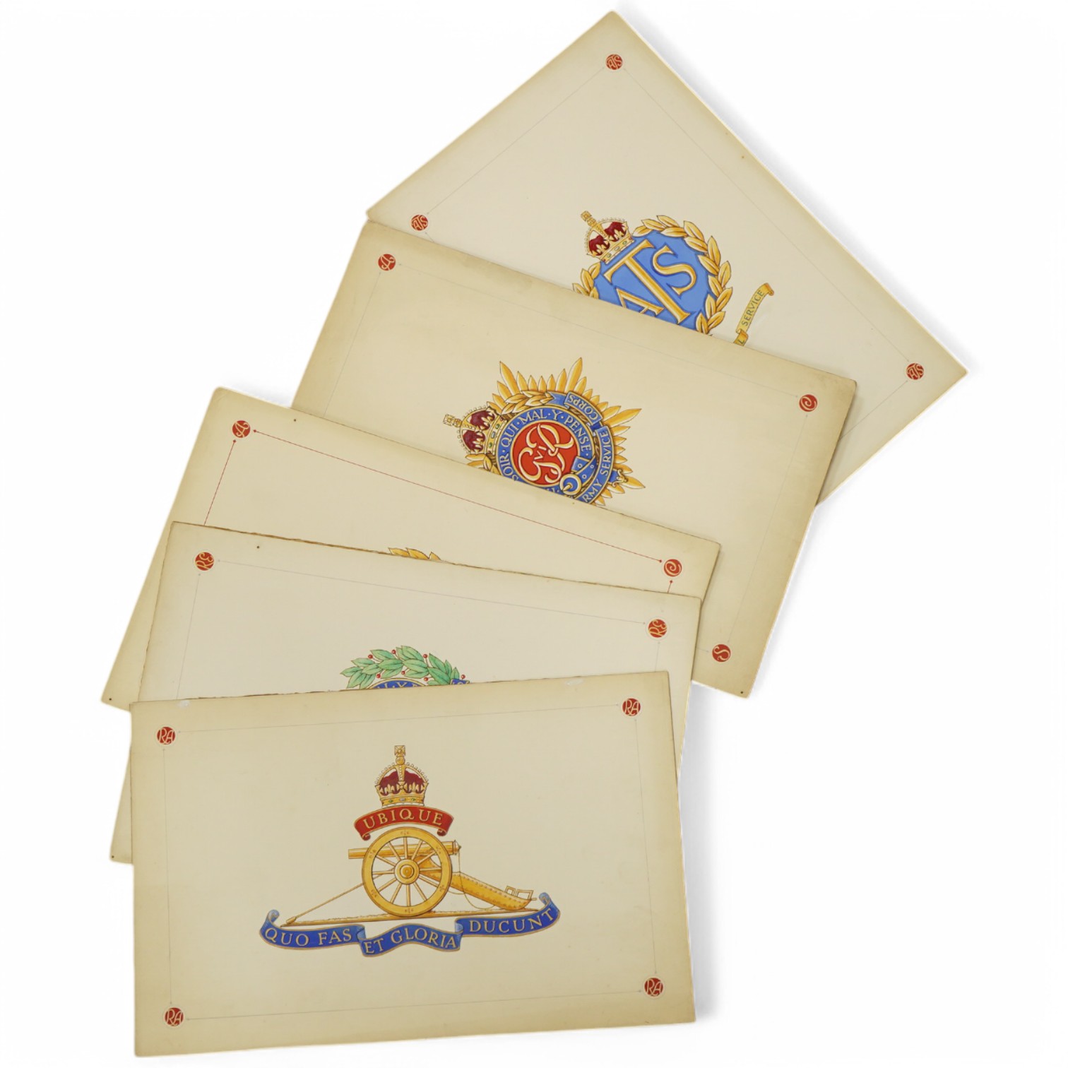A set of five original WWII watercolours for postcard designs, Badges of the Services to include ‘Royal Artillery’, ‘Royal Engineers’ and ‘’Royal Army Medical Corps’, unsigned, unframed, 18 x 29cm. Condition - fair